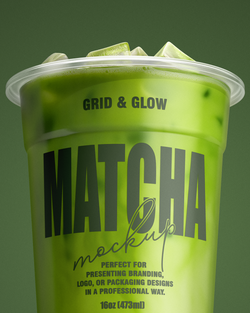 Green matcha drink cup with 'Grid & Glow' branding on a green background