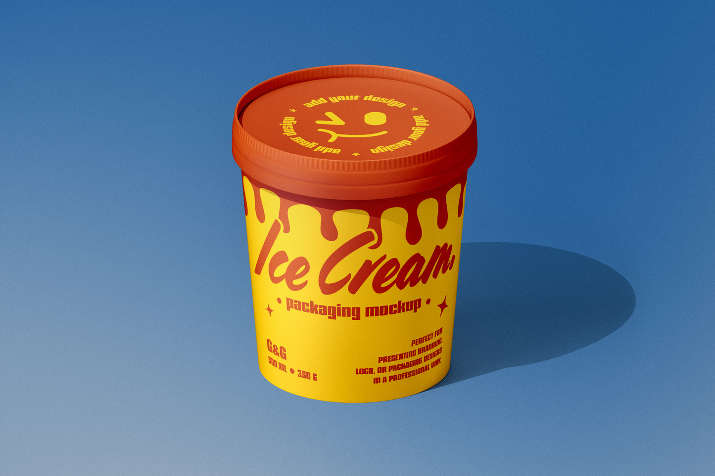 Angled view of a 12oz ice cream cup showing the top lid design and side branding with drop shadow.
