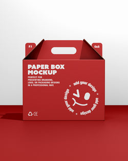 Red paper box mockup with text and design elements on a red background