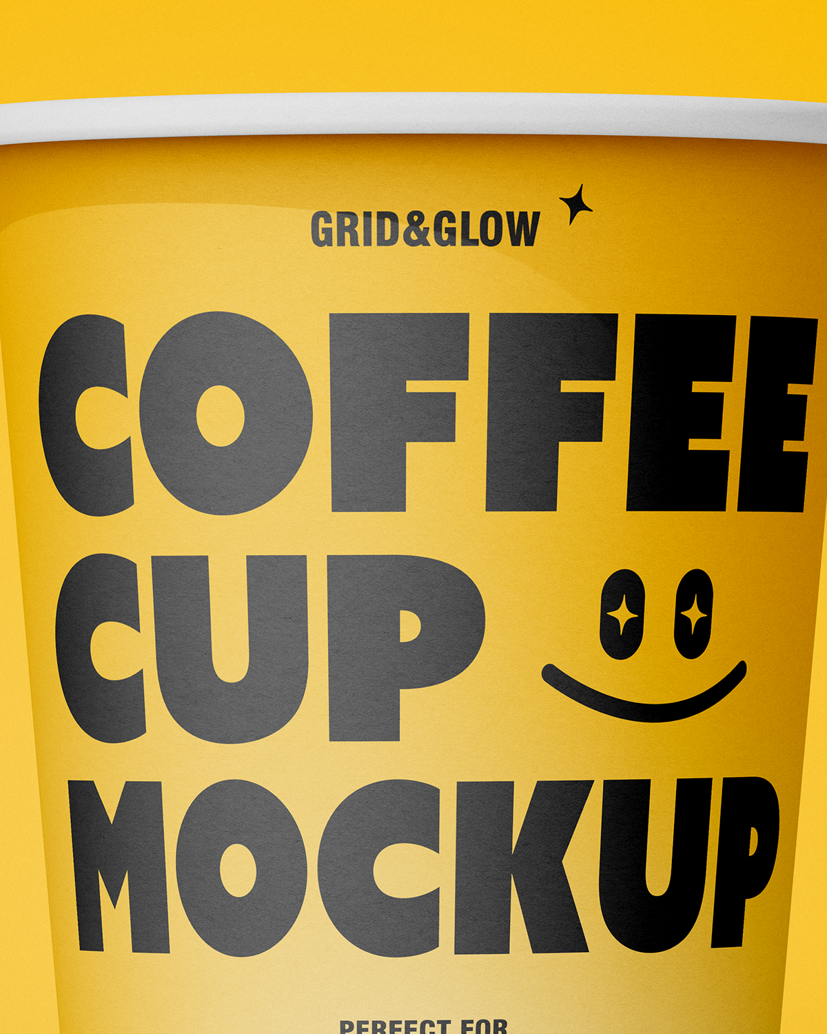 Yellow coffee cup mockup with 'Grid & Glow' branding and text.