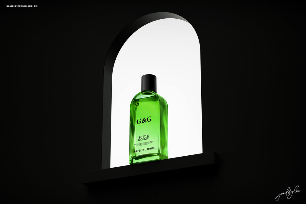 Bottle Mockup – Green Glass Bottle in Niche with White Backdrop and Dark Surround