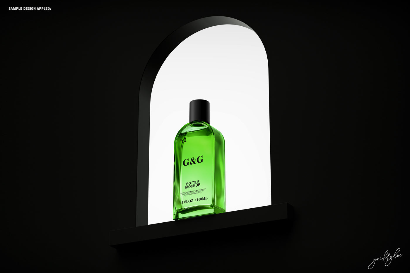 Bottle Mockup – Green Glass Bottle in Niche with White Backdrop and Dark Surround