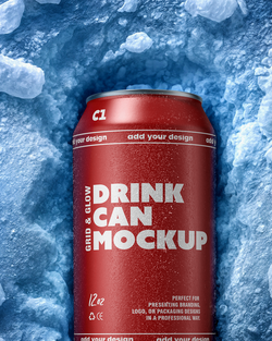 Red drink can mockup with 'Drink Can Mockup' text on a blue ice background