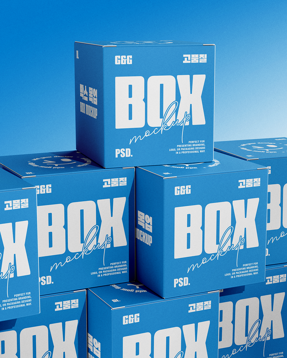 Stack of blue boxes with 'Box Mockup PSD' text on a blue background
