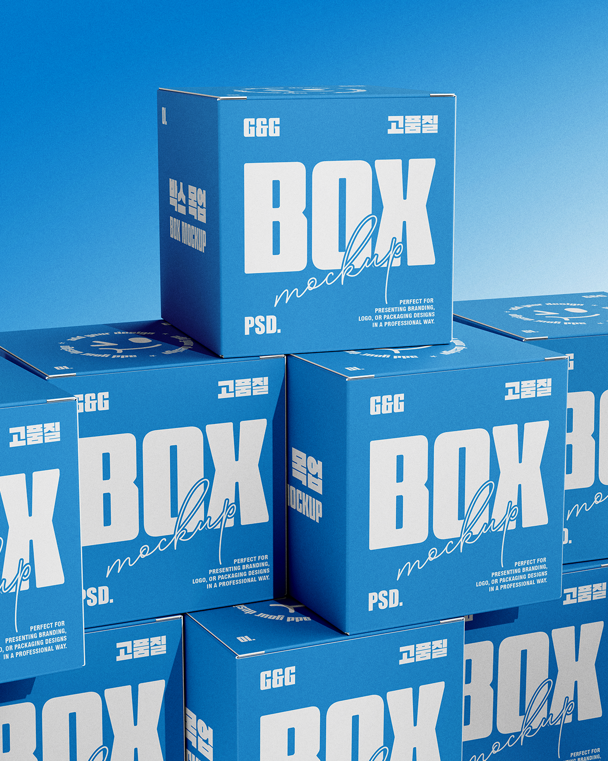 Stack of blue boxes with 'Box Mockup PSD' text on a blue background