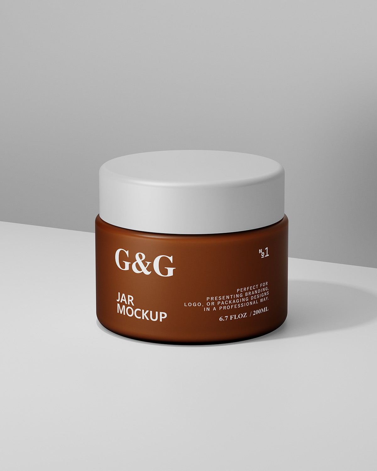 Brown jar mockup with white lid labeled G&G on a gray background