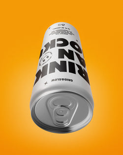 Drink can mockup 12oz 355ml in gold color with top angled view showing pull-tab