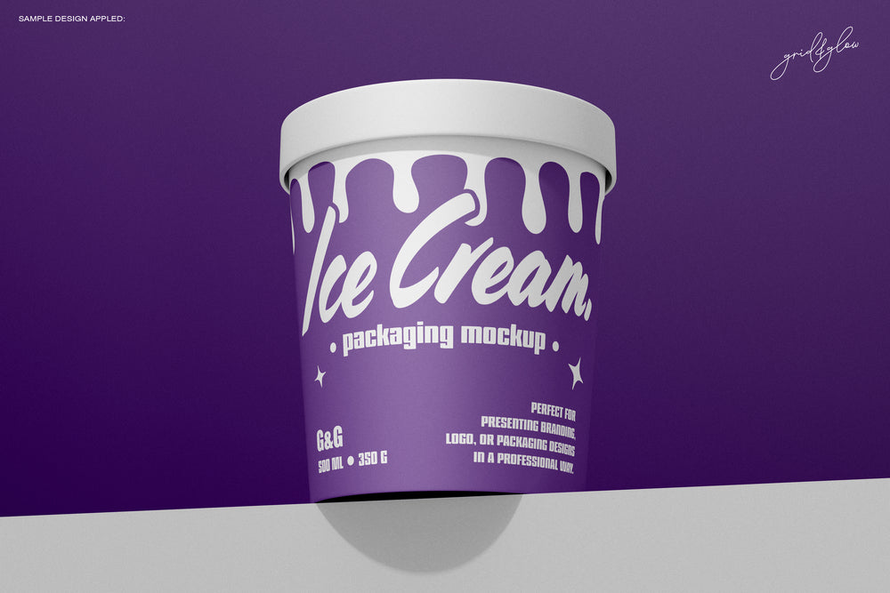 Front View of Ice Cream Cup Mockup – Editable Branding Scene with Cream Drip Design and White Lid – 350g