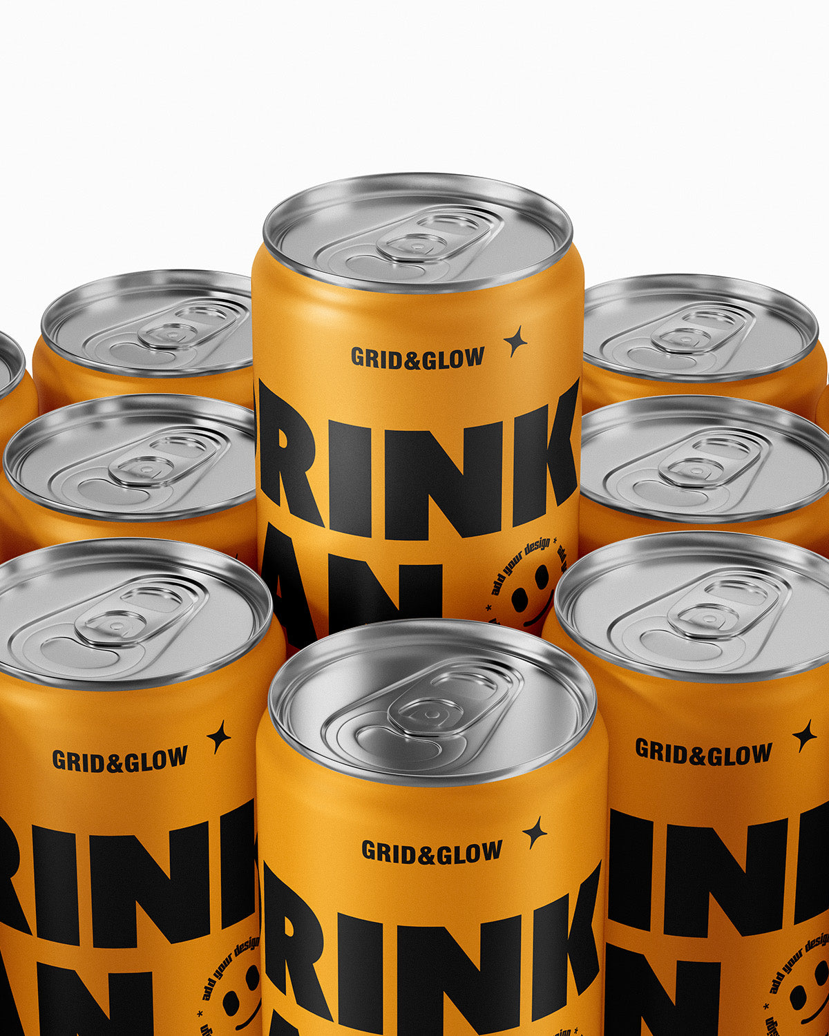 Drink can mockup 12oz 355ml in gold with stacked arrangement on orange background