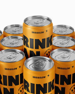 Drink can mockup 12oz 355ml in gold with stacked arrangement on orange background