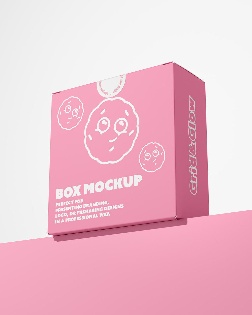 Box mockup with branding elements on a light pink background