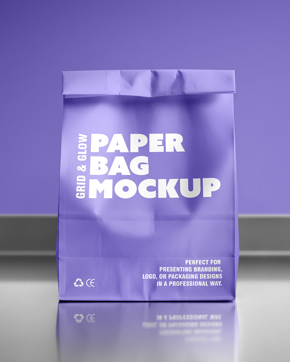 Paper bag mockup in purple with front view and glossy surface reflection