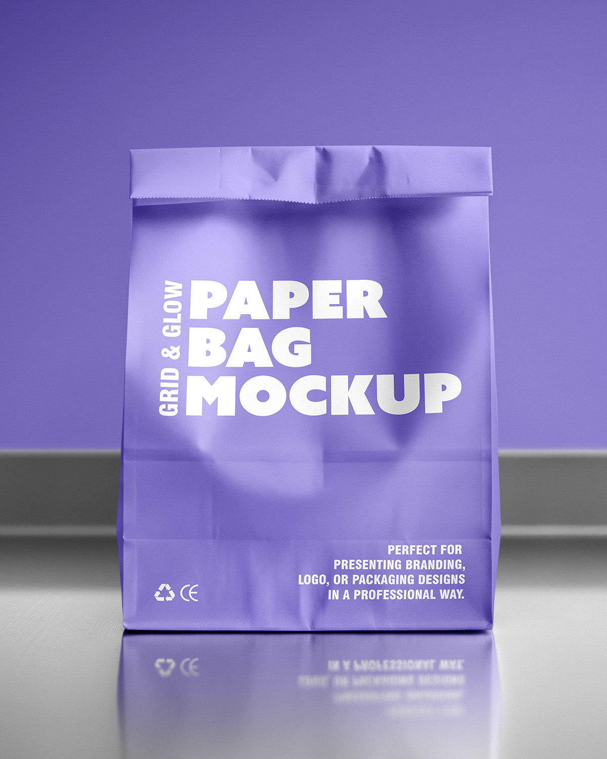 Paper bag mockup in purple with front view and glossy surface reflection