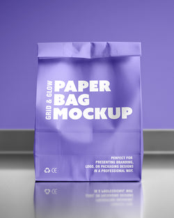 Paper bag mockup in purple with front view and glossy surface reflection
