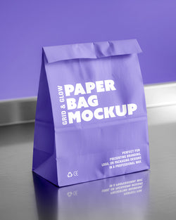 Paper bag mockup in purple with reflective surface and fold-top closure