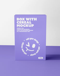Purple cereal box mockup with smiley face design on a purple background