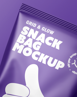 Purple snack bag mockup with 'Grid & Glow' branding