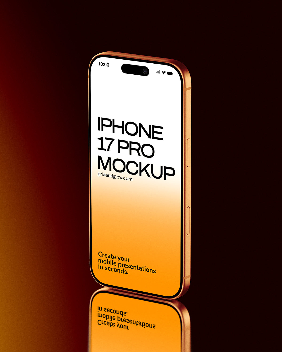 iPhone 17 Pro mockup on reflective surface with orange gradient background