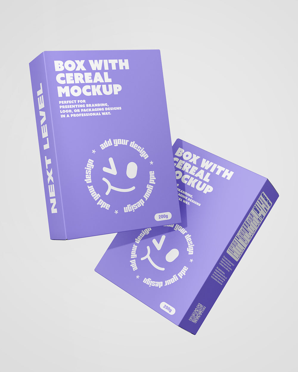 Purple cereal box mockup with smiley face design on a light gray background