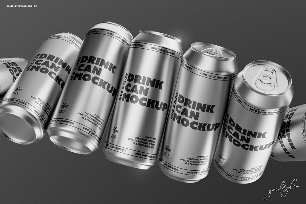 Floating silver 16oz cans arranged in a row on a dark gray background with bold branding.