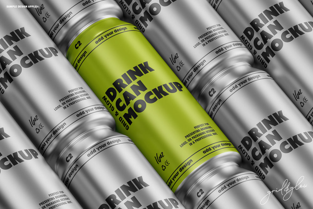 Close-Up of 16oz Can Mockup – Green Beverage Can Surrounded by Silver Cans – PSD Template for Professional Branding Presentation