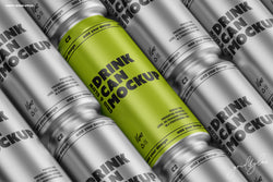Close-Up of 16oz Can Mockup – Green Beverage Can Surrounded by Silver Cans – PSD Template for Professional Branding Presentation