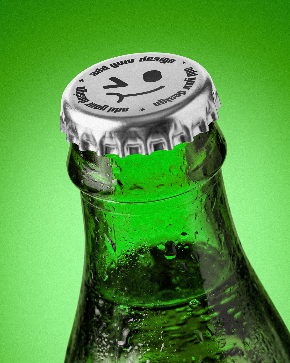 Glass bottle mockup with silver metallic crown cap and water droplets on green background