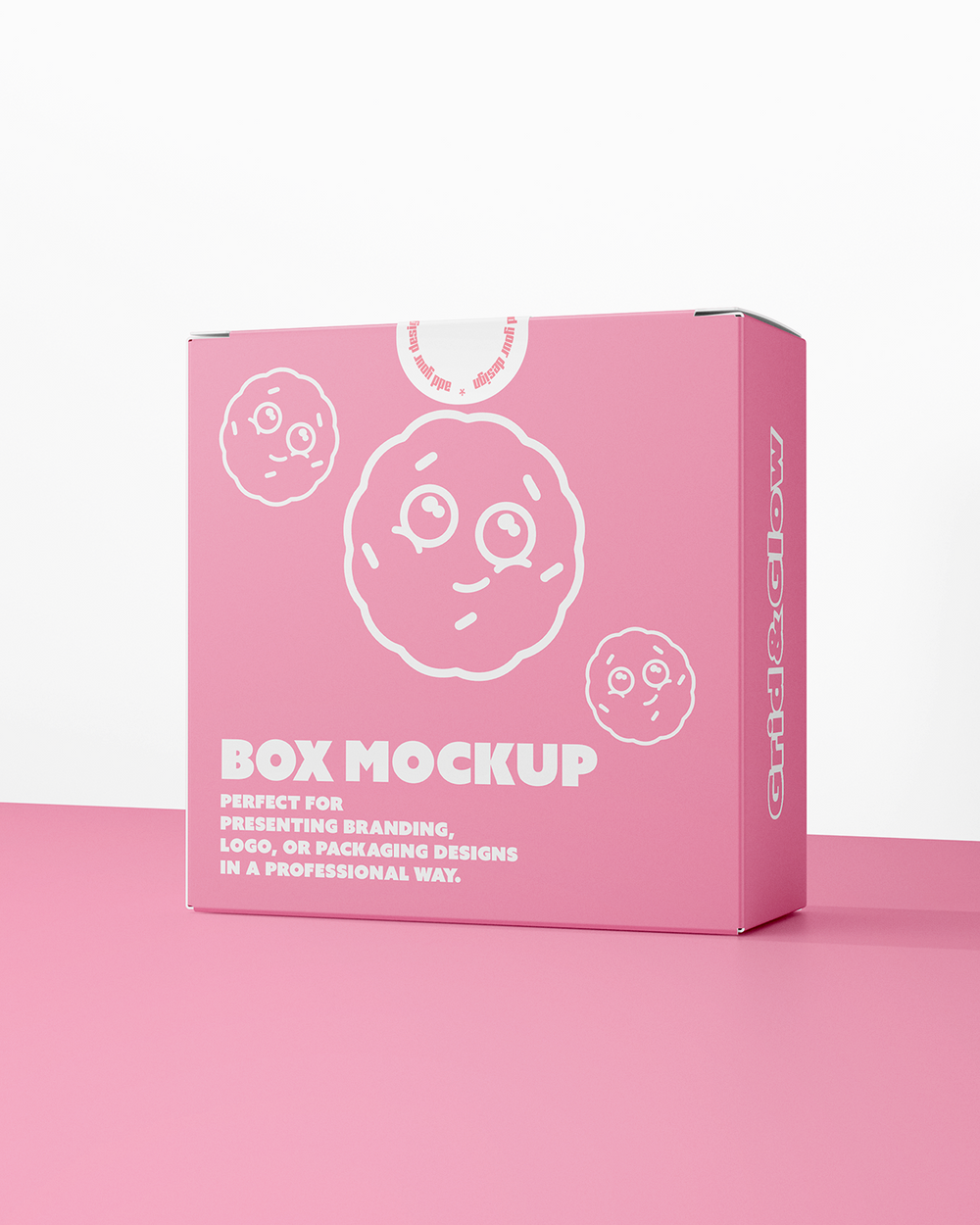 Pink box mockup with branding elements on a pink background