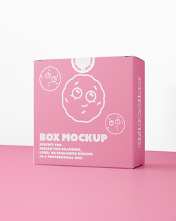 Pink box mockup with branding elements on a pink background