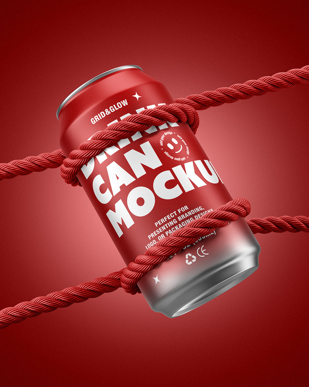 Drink can mockup 12oz 355ml in red hanging on rope with tilted angle