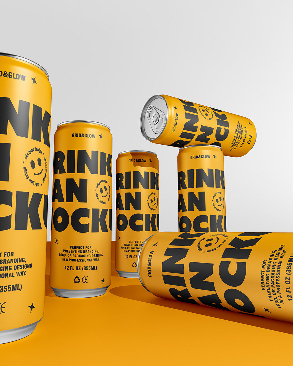 Drink can mockup 12oz 355ml with multiple cans in gold on orange background