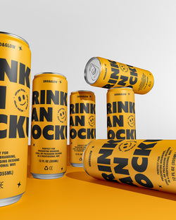 Drink can mockup 12oz 355ml with multiple cans in gold on orange background
