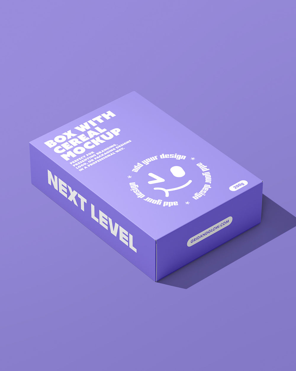 Box mockup with a smiley face design on a purple background