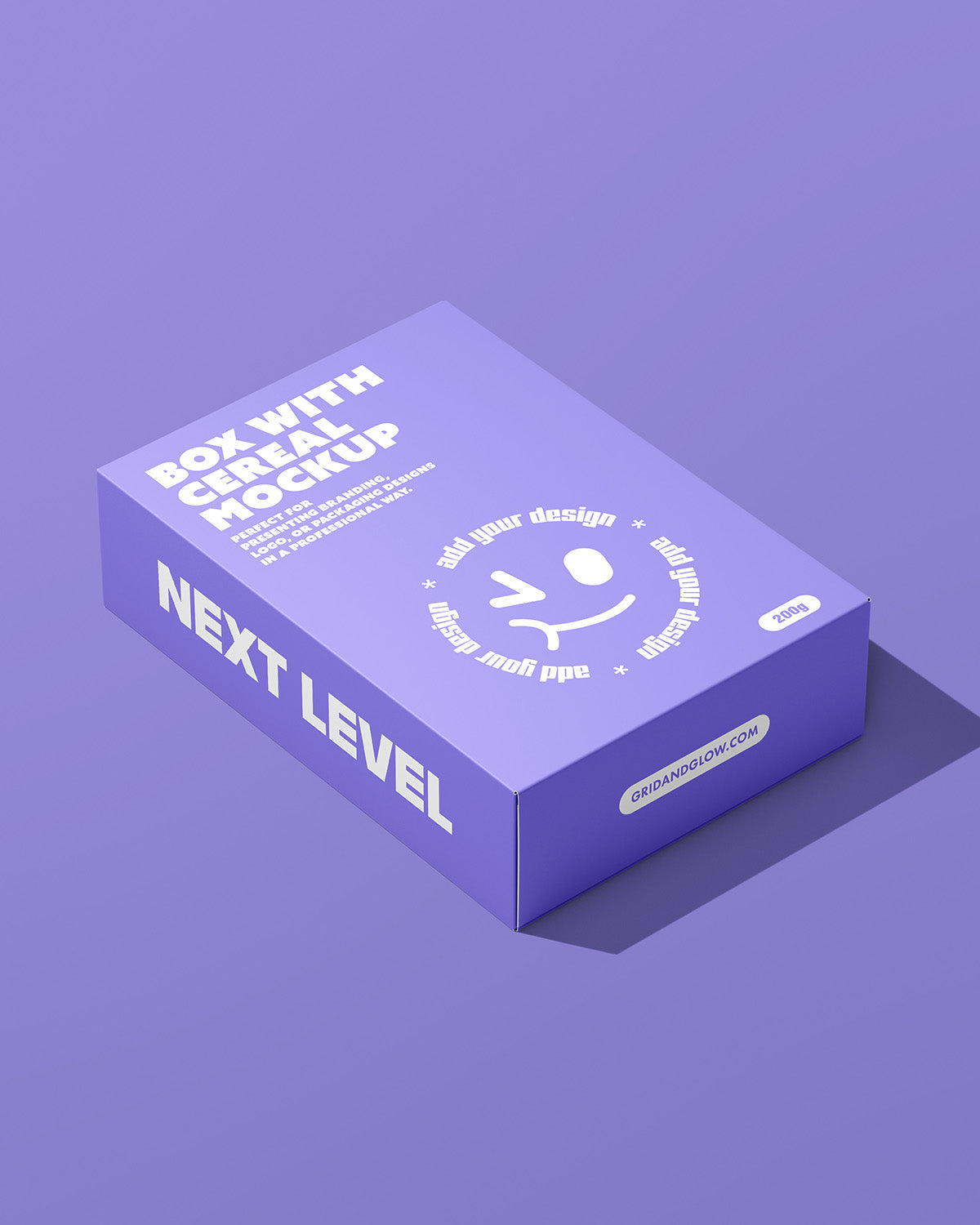 Box mockup with a smiley face design on a purple background