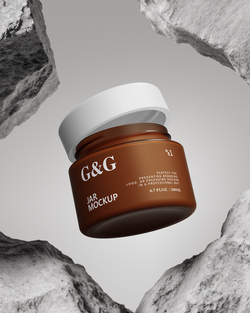 Brown jar with white lid labeled 'G&G' against a rocky background Mockup