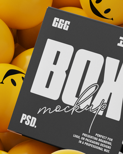 Box mockup with 'G&G' branding on a background of yellow balloons.