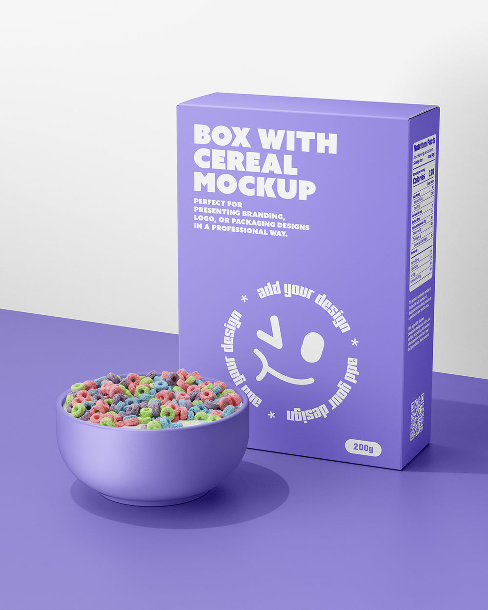 Purple cereal box mockup with a bowl of colorful cereal on a matching purple background
