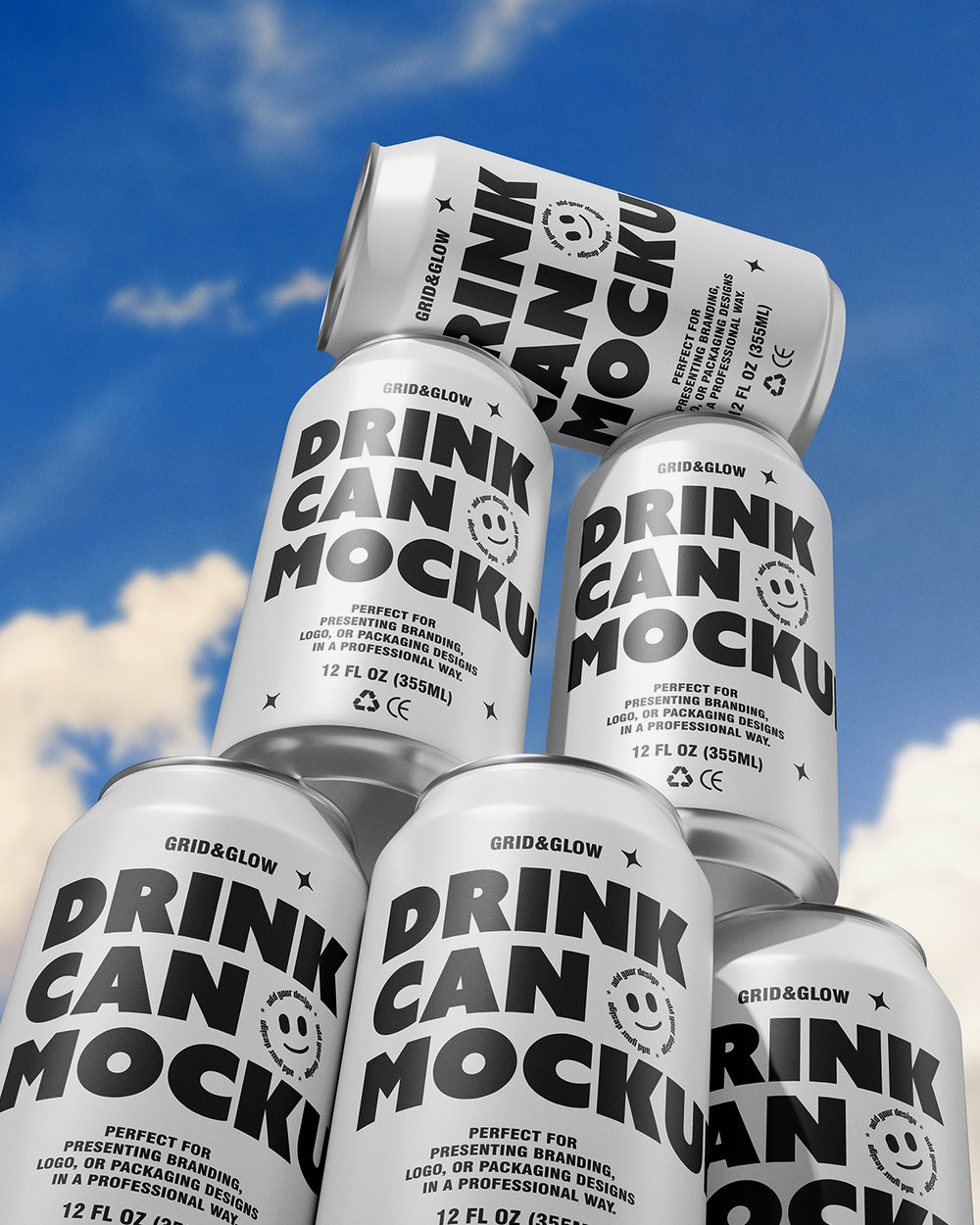 Multiple 'Drink Can Mockup' cans with a blue sky background
