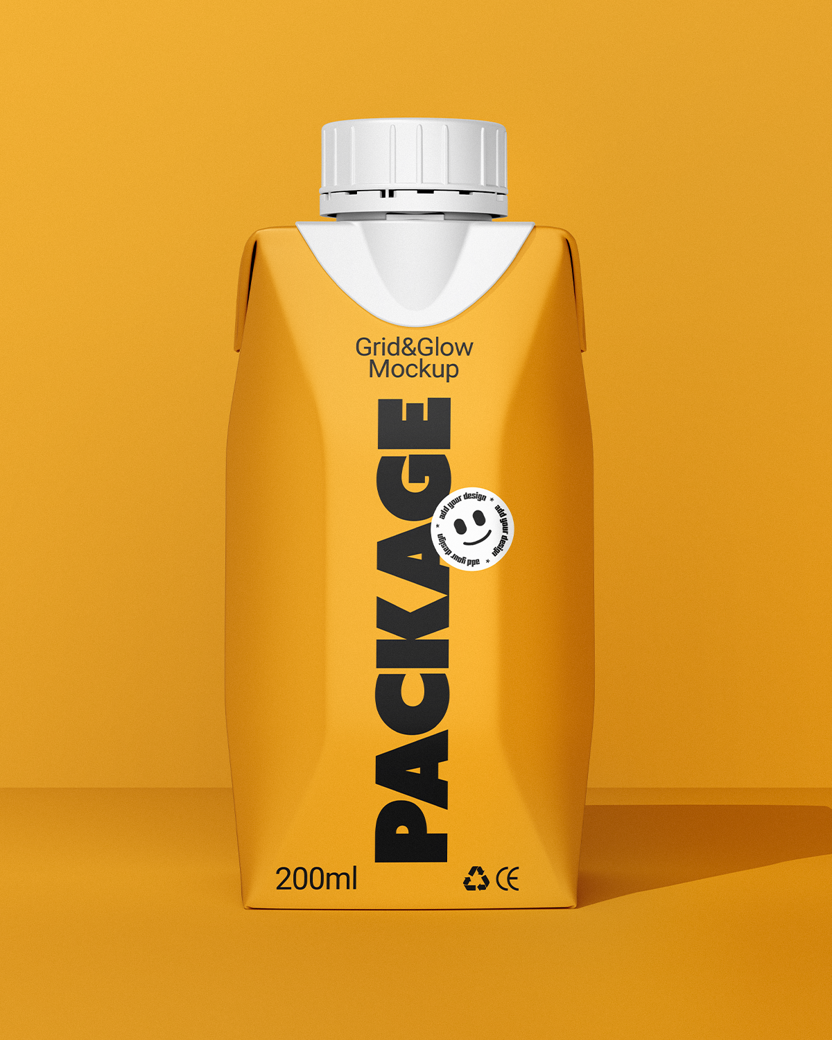 Tetra pack mockup 200ml in orange with white cap and front view on orange background