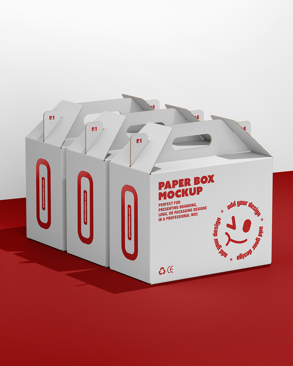 Box with Handle Mockup Triple Scene on a red and white background