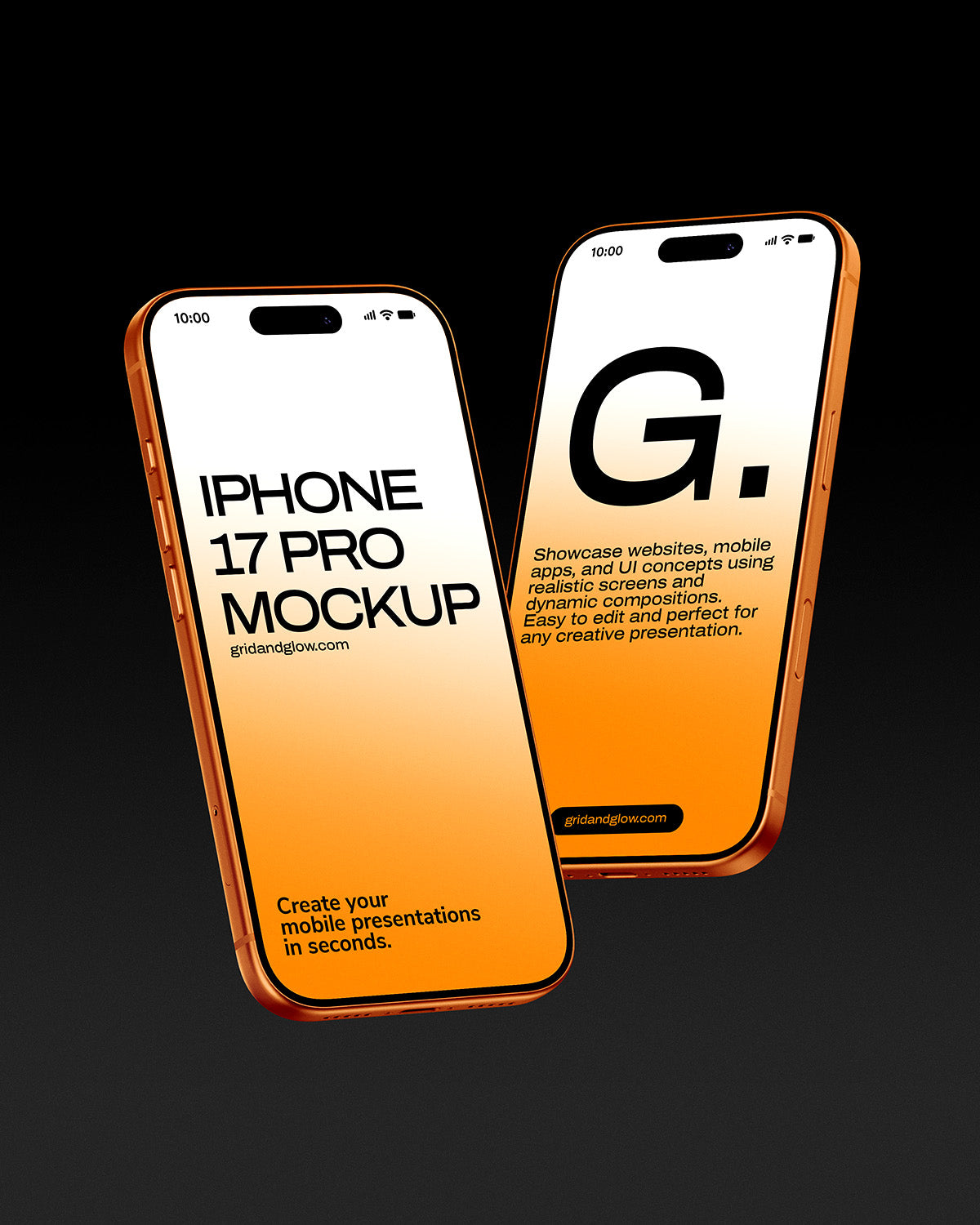 Two iPhone 17 Pro mockups with gradient design on a black background