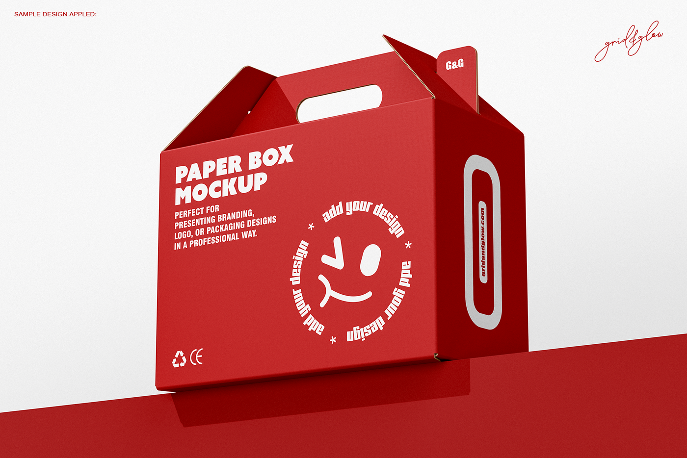 Box with handle mockup showing gable top design with die-cut carry handles on red background