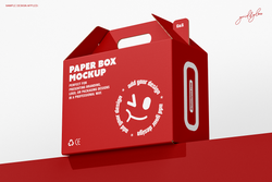 Box with handle mockup showing gable top design with die-cut carry handles on red background