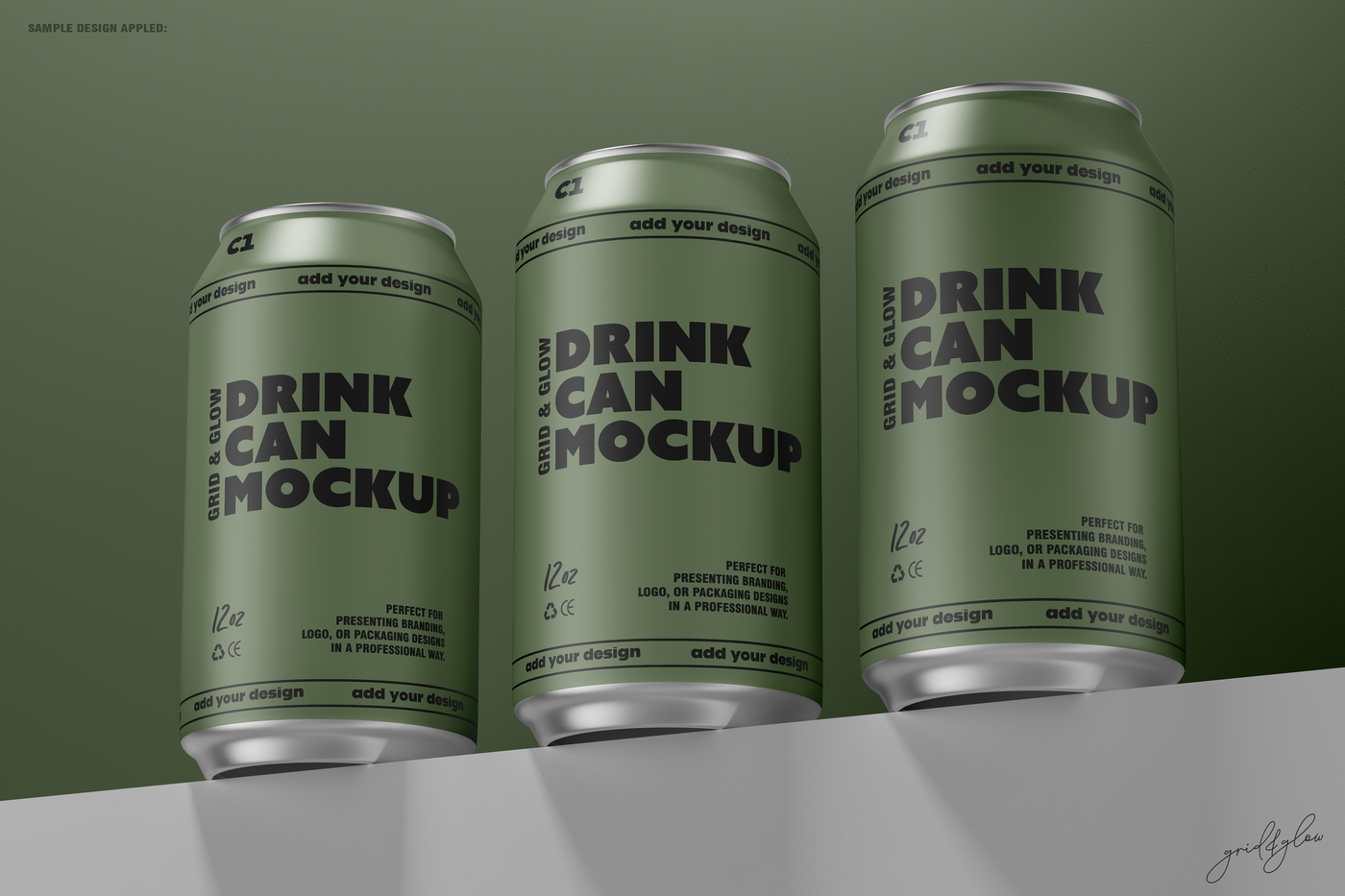 Drink Can Mockup – Trio of Green 12oz Cans on Shelf with Dark Green Background
