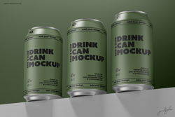 Drink Can Mockup – Trio of Green 12oz Cans on Shelf with Dark Green Background