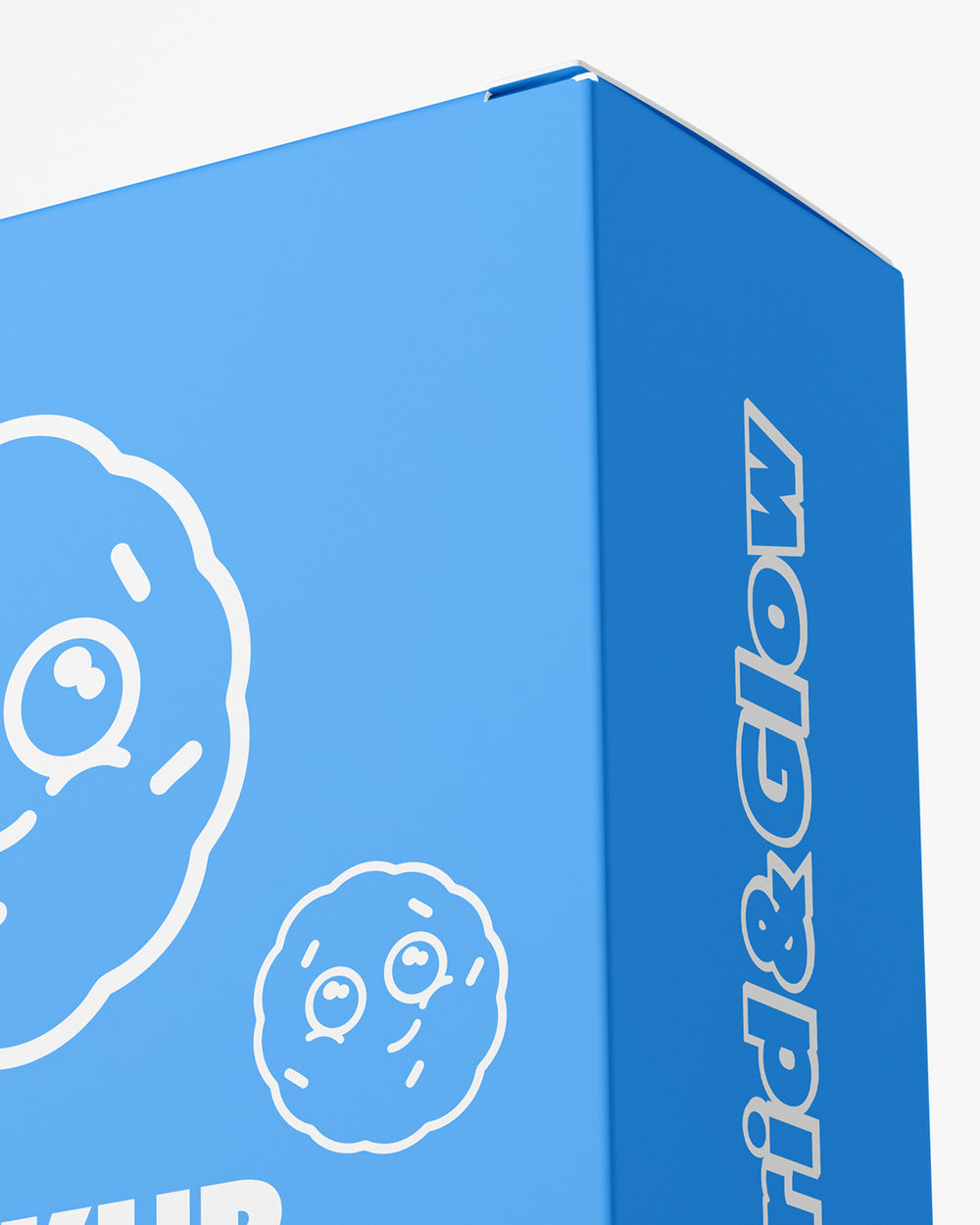 Blue box with a donut illustration and 'Glow & Glow' branding on a white background