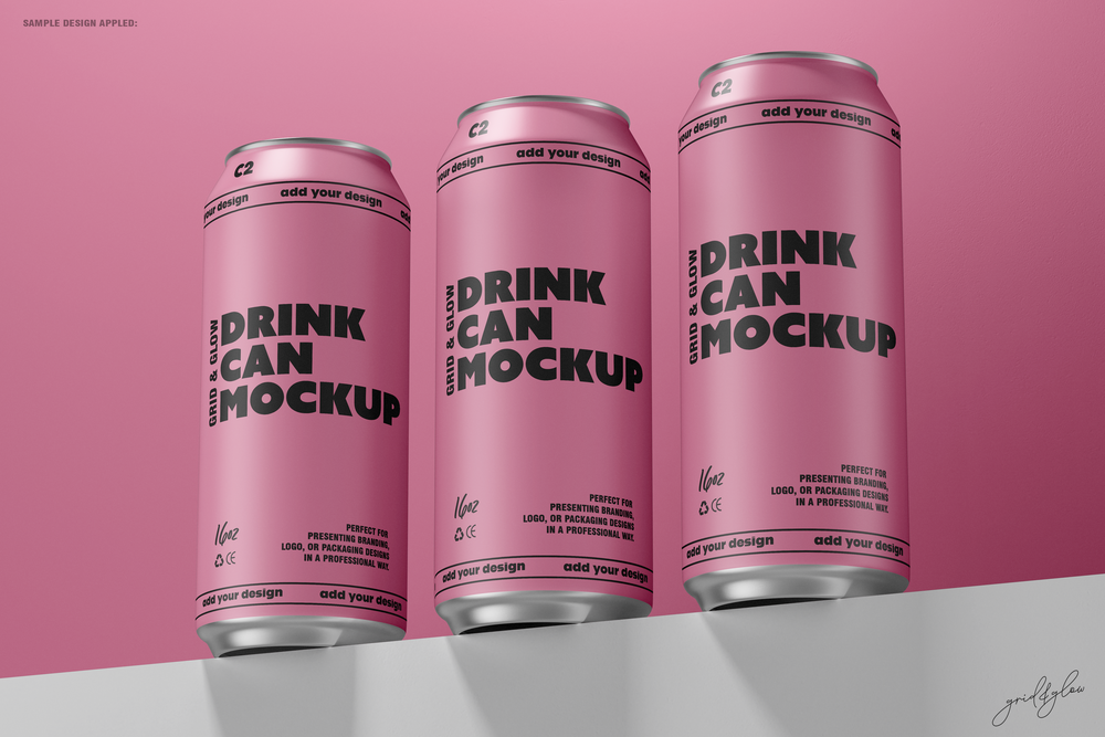 Drink Can Mockup – Pink 16oz Cans Trio on Shelf with Matching Background