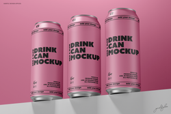 Drink Can Mockup – Pink 16oz Cans Trio on Shelf with Matching Background
