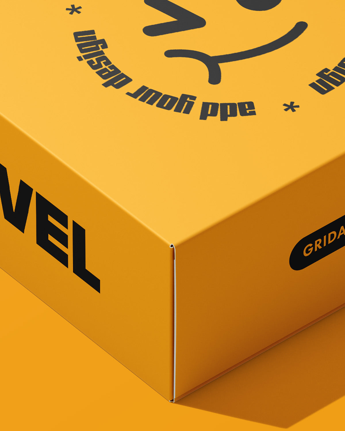 Box mockup with black text and branding on a yellow background