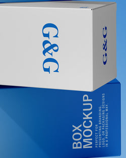 Box mockup with G&G branding on a blue background